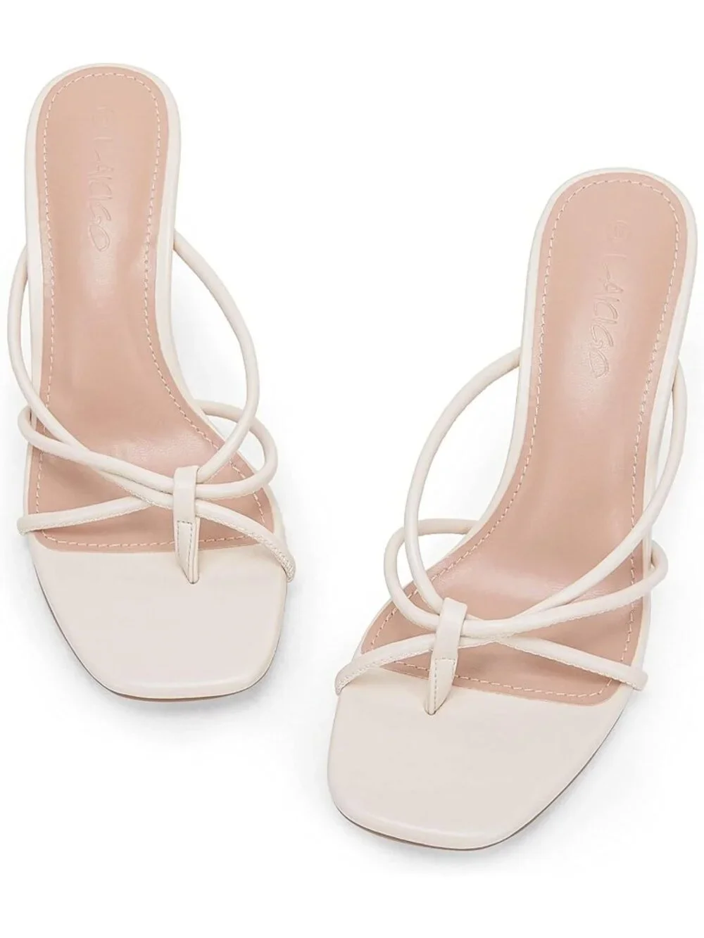 Women’s Beige Faux Leather Square Open Toe Flip Flops Strappy Thong Mule Sandals